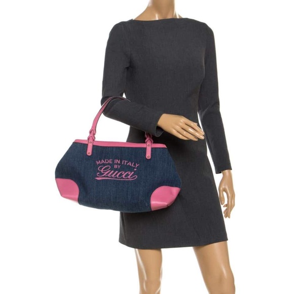 GUCCI Hawaii Tote Blue Denim Pink Leather Oversized Rare Vintage EUC - Picture 14 of 16